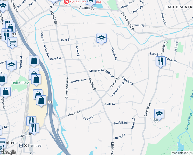 map of restaurants, bars, coffee shops, grocery stores, and more near 24 Penniman Terrace in Braintree
