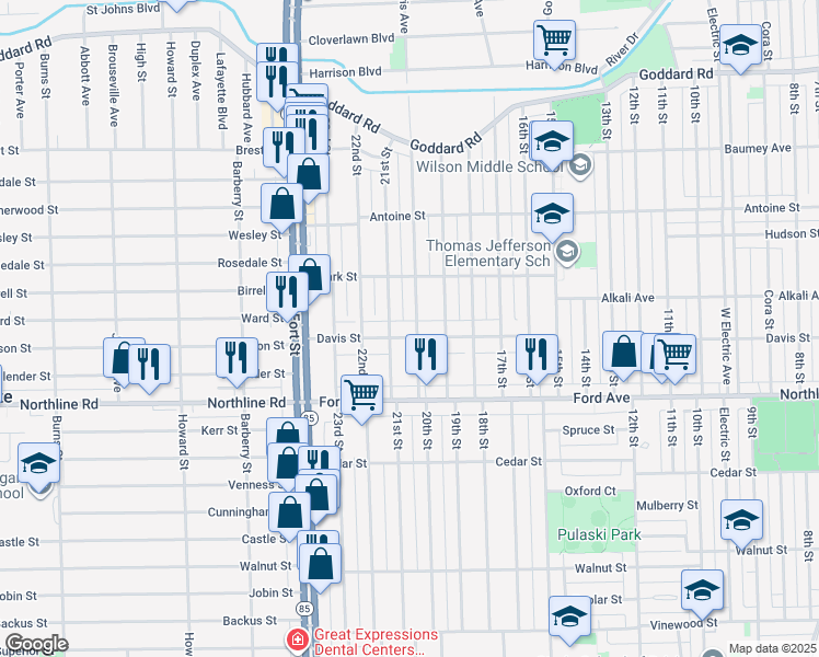 map of restaurants, bars, coffee shops, grocery stores, and more near 2006 Davis St in Wyandotte