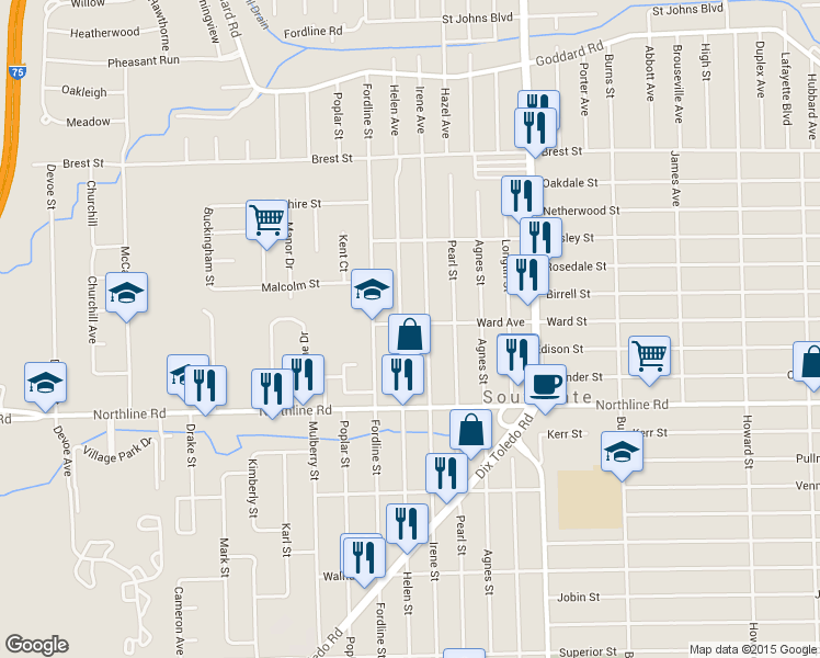 map of restaurants, bars, coffee shops, grocery stores, and more near 12621 Helen Street in Southgate
