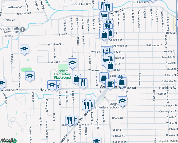 map of restaurants, bars, coffee shops, grocery stores, and more near 12620 Pearl St in Southgate