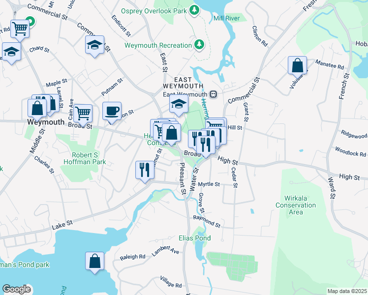 map of restaurants, bars, coffee shops, grocery stores, and more near 864-884 Broad Street in Weymouth