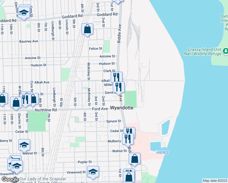 map of restaurants, bars, coffee shops, grocery stores, and more near 124 Davis St in Wyandotte
