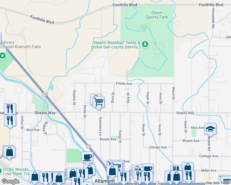 map of restaurants, bars, coffee shops, grocery stores, and more near 1515 Etna Street in Klamath Falls