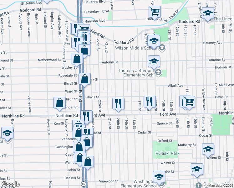map of restaurants, bars, coffee shops, grocery stores, and more near 2006 Davis Street in Wyandotte