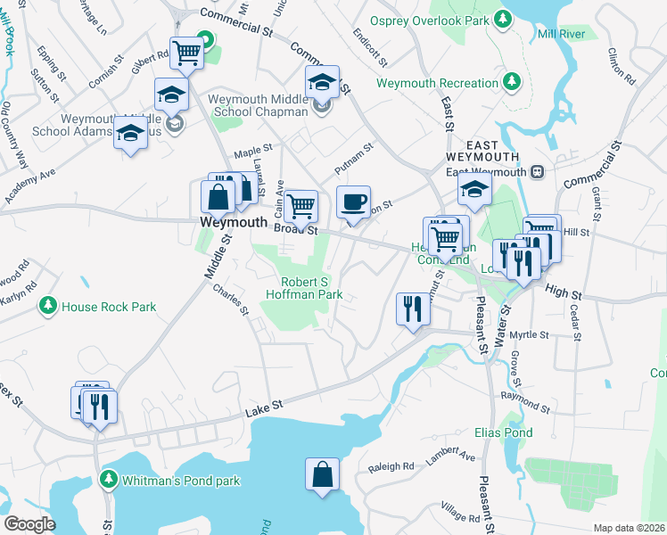 map of restaurants, bars, coffee shops, grocery stores, and more near 30 Fairmount Avenue in Weymouth