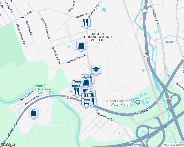 map of restaurants, bars, coffee shops, grocery stores, and more near 337 Greenwood Street in Worcester