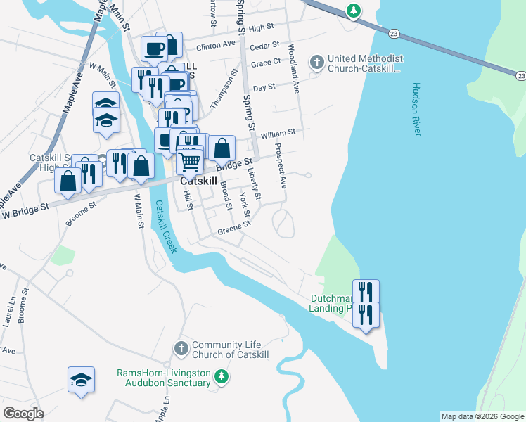 map of restaurants, bars, coffee shops, grocery stores, and more near 2 Harrison Street in Catskill