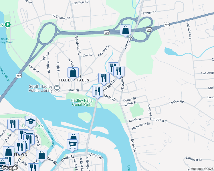 map of restaurants, bars, coffee shops, grocery stores, and more near 42 Bridge Street in South Hadley