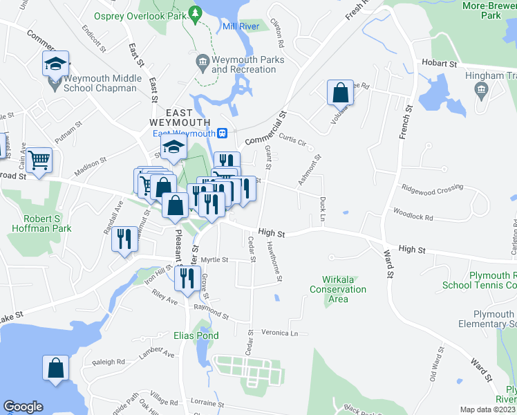 map of restaurants, bars, coffee shops, grocery stores, and more near 30 Grant Street in Weymouth