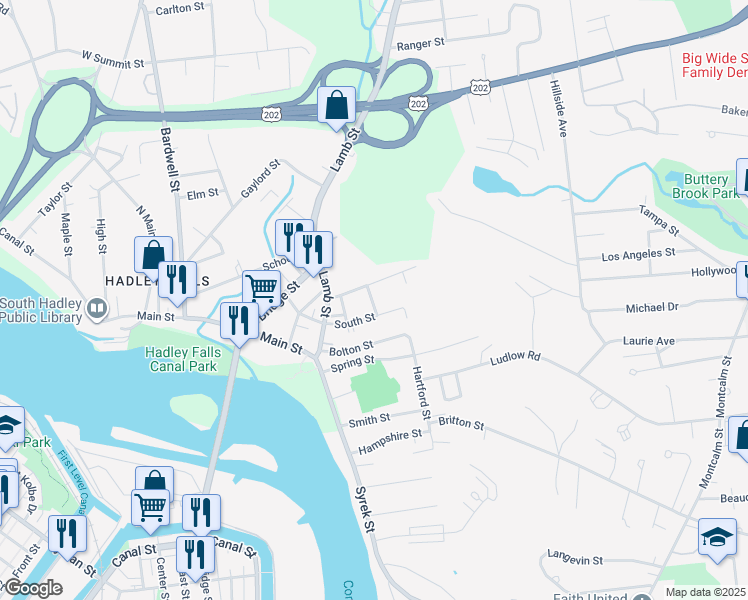 map of restaurants, bars, coffee shops, grocery stores, and more near 9 Graves Street in South Hadley