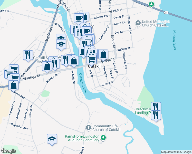 map of restaurants, bars, coffee shops, grocery stores, and more near 285 Main Street in Catskill