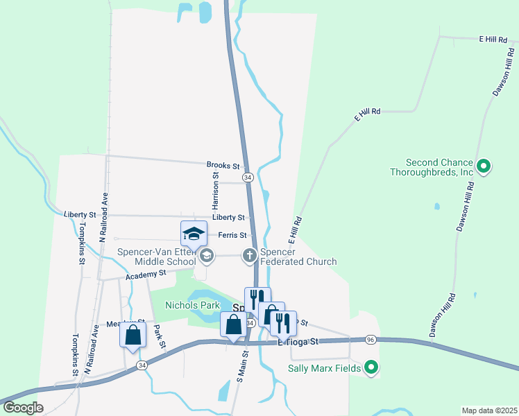 map of restaurants, bars, coffee shops, grocery stores, and more near 107 North Main Street in Spencer