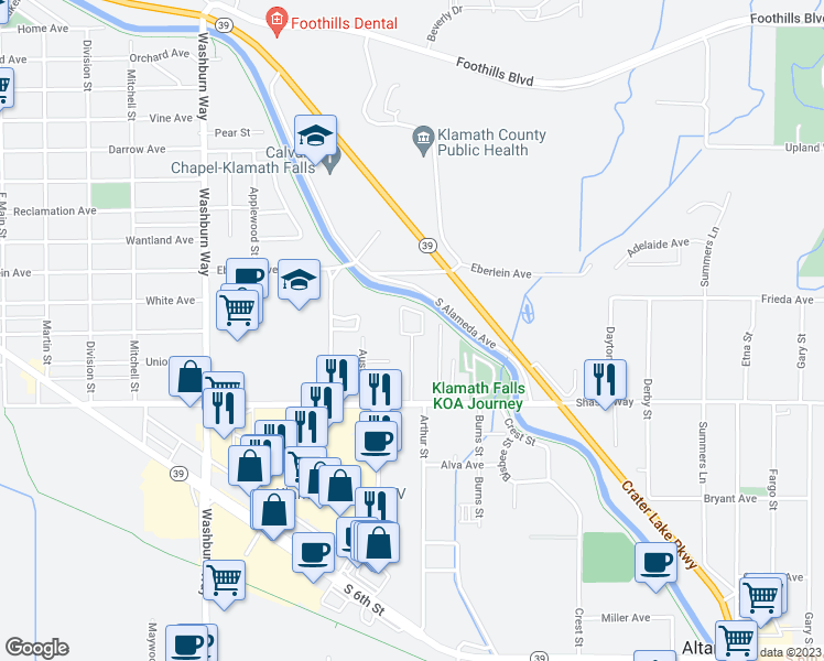 map of restaurants, bars, coffee shops, grocery stores, and more near 1400 Arthur Street in Klamath Falls