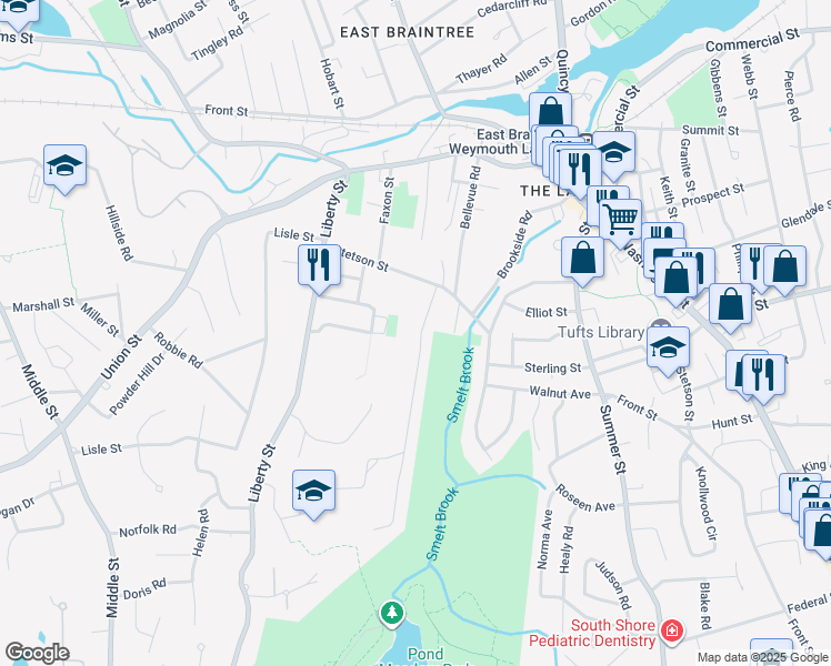 map of restaurants, bars, coffee shops, grocery stores, and more near 39 Pilgrim Road in Braintree
