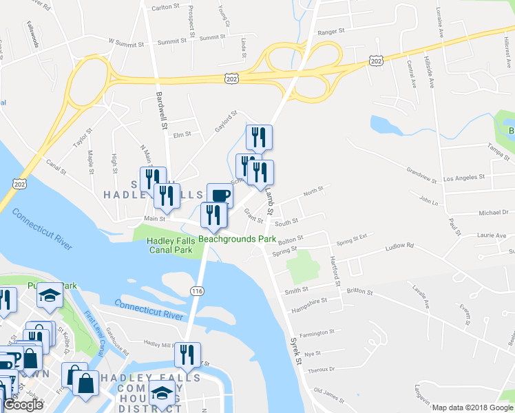 map of restaurants, bars, coffee shops, grocery stores, and more near 18 Pleasant Street in South Hadley