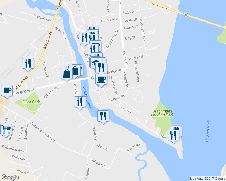 map of restaurants, bars, coffee shops, grocery stores, and more near 135 Broad St in Catskill