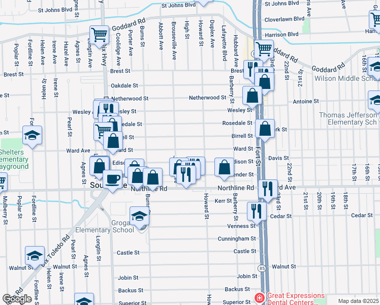 map of restaurants, bars, coffee shops, grocery stores, and more near 13297 Ward Street in Southgate