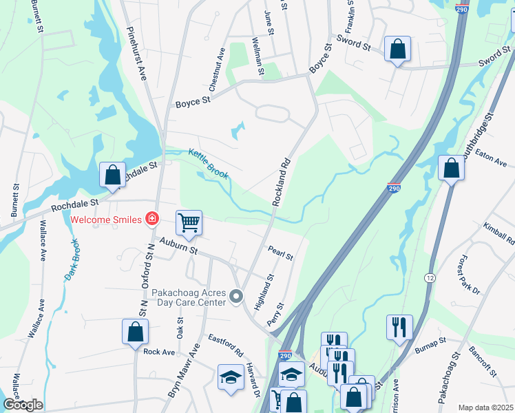 map of restaurants, bars, coffee shops, grocery stores, and more near 61 Rockland Road in Auburn