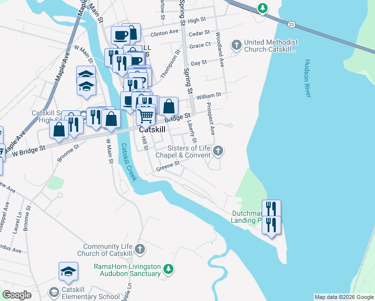 map of restaurants, bars, coffee shops, grocery stores, and more near 14 York Street in Catskill