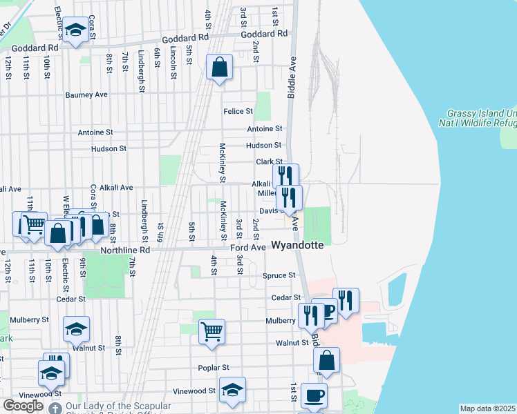 map of restaurants, bars, coffee shops, grocery stores, and more near 198 Davis Street in Wyandotte