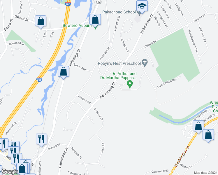 map of restaurants, bars, coffee shops, grocery stores, and more near 210 Pakachoag Street in Auburn
