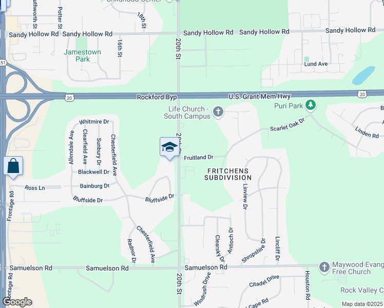 map of restaurants, bars, coffee shops, grocery stores, and more near 3060 Fruitland Drive in Rockford