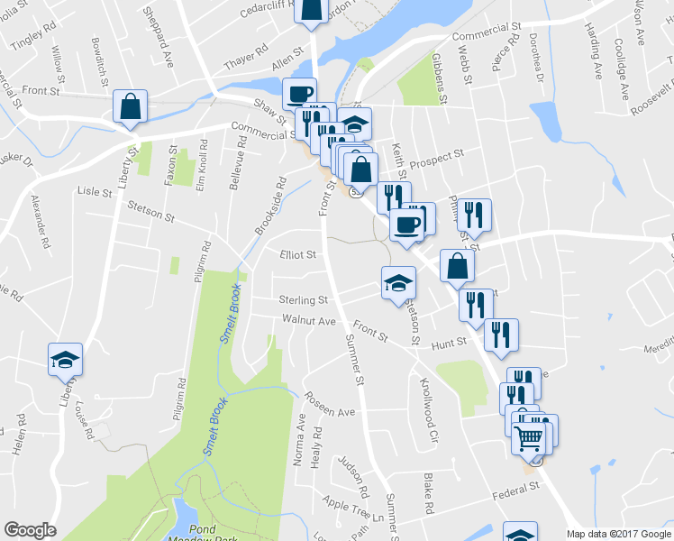 map of restaurants, bars, coffee shops, grocery stores, and more near 90 Front Street in Weymouth