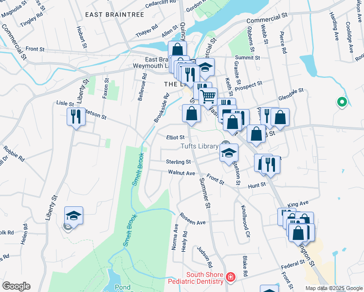 map of restaurants, bars, coffee shops, grocery stores, and more near 37 Williams Street in Braintree