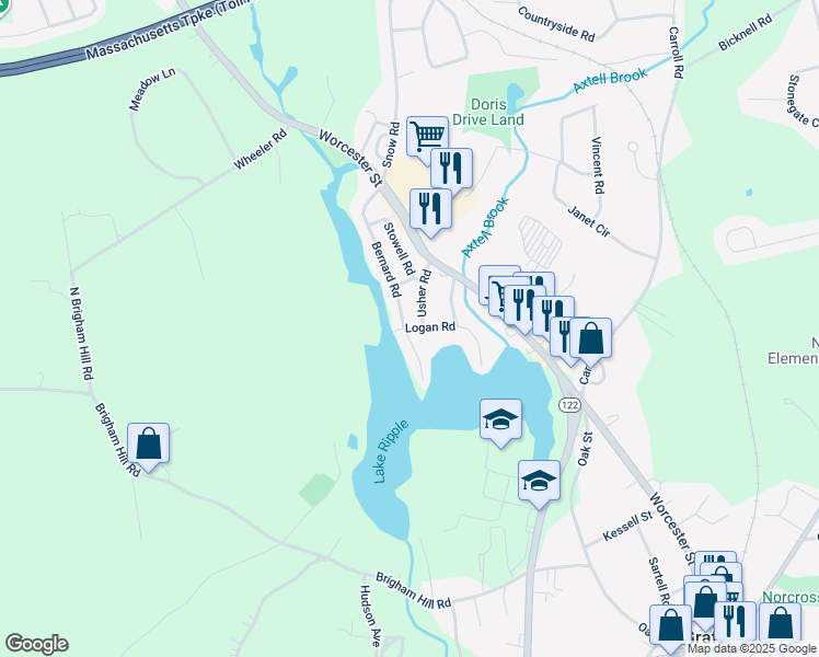 map of restaurants, bars, coffee shops, grocery stores, and more near 4 Logan Road in Grafton