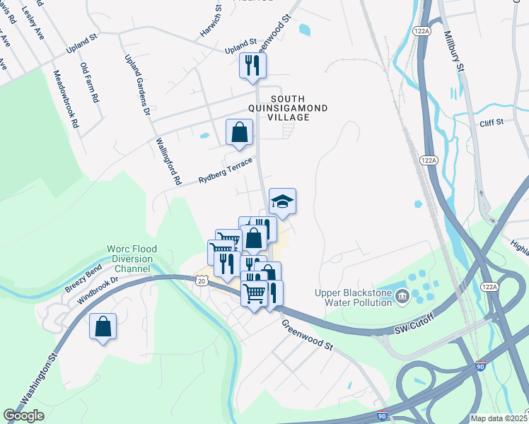 map of restaurants, bars, coffee shops, grocery stores, and more near 337 Greenwood Street in Worcester