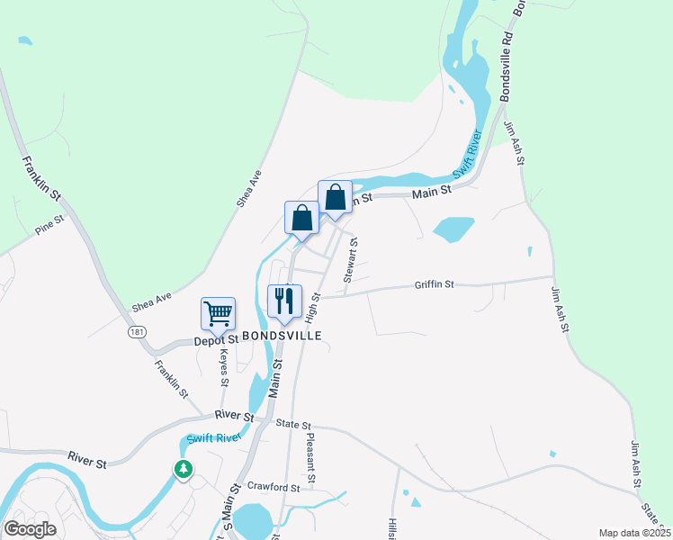 map of restaurants, bars, coffee shops, grocery stores, and more near 18-24 Stewart Street in Palmer