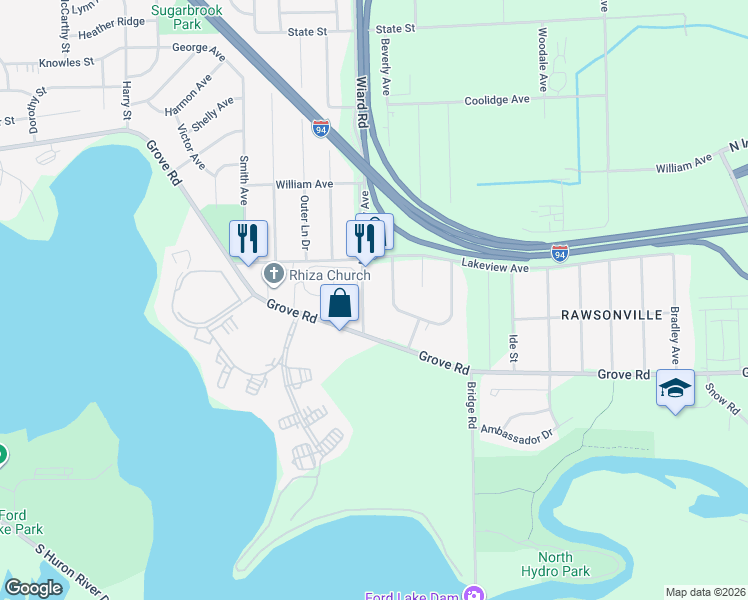 map of restaurants, bars, coffee shops, grocery stores, and more near 2053 McCartney Avenue in Ypsilanti