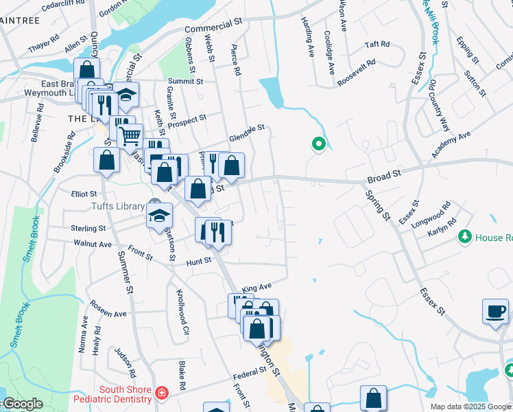 map of restaurants, bars, coffee shops, grocery stores, and more near 36 Foye Avenue in Weymouth