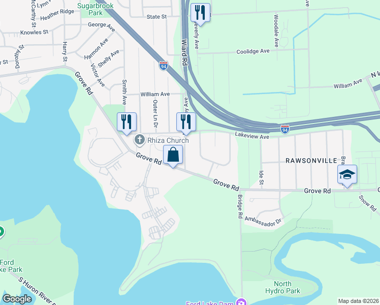 map of restaurants, bars, coffee shops, grocery stores, and more near 2053 McCartney Avenue in Ypsilanti