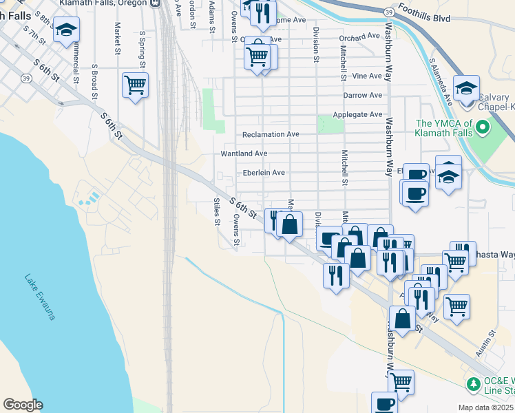 map of restaurants, bars, coffee shops, grocery stores, and more near 2051 Radcliffe Avenue in Klamath Falls