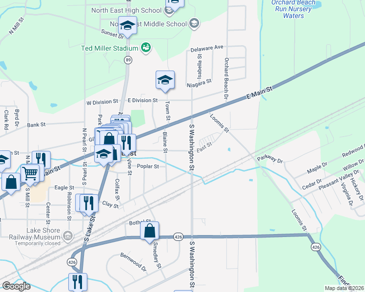 map of restaurants, bars, coffee shops, grocery stores, and more near 70 East St in North East