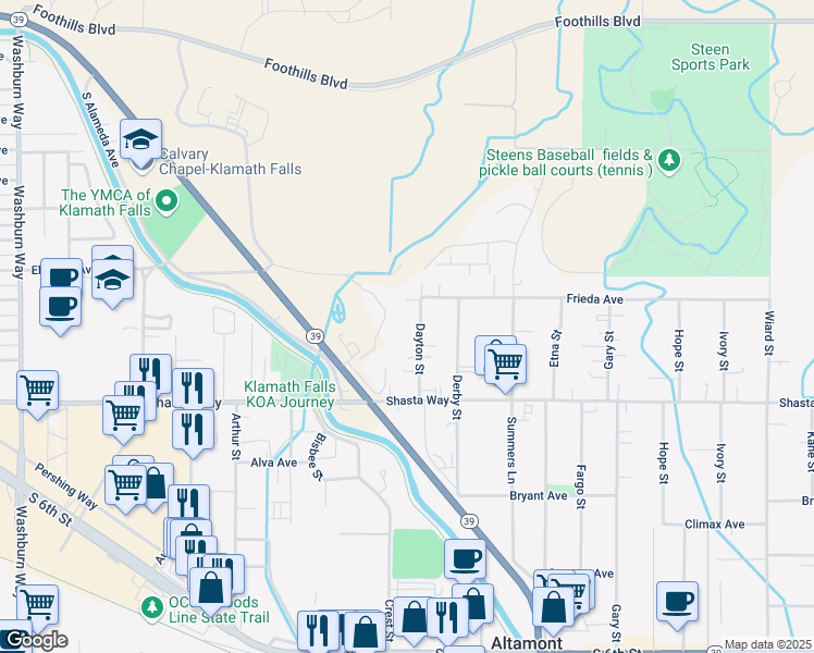 map of restaurants, bars, coffee shops, grocery stores, and more near 1480 Dayton Street in Klamath Falls