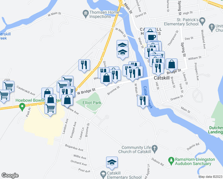 map of restaurants, bars, coffee shops, grocery stores, and more near 40 Broome Street in Catskill