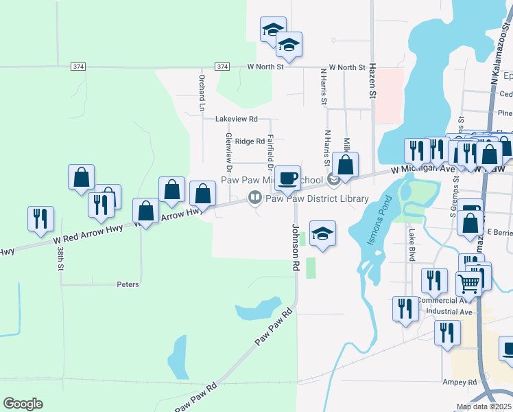 map of restaurants, bars, coffee shops, grocery stores, and more near 609 West Michigan Avenue in Paw Paw