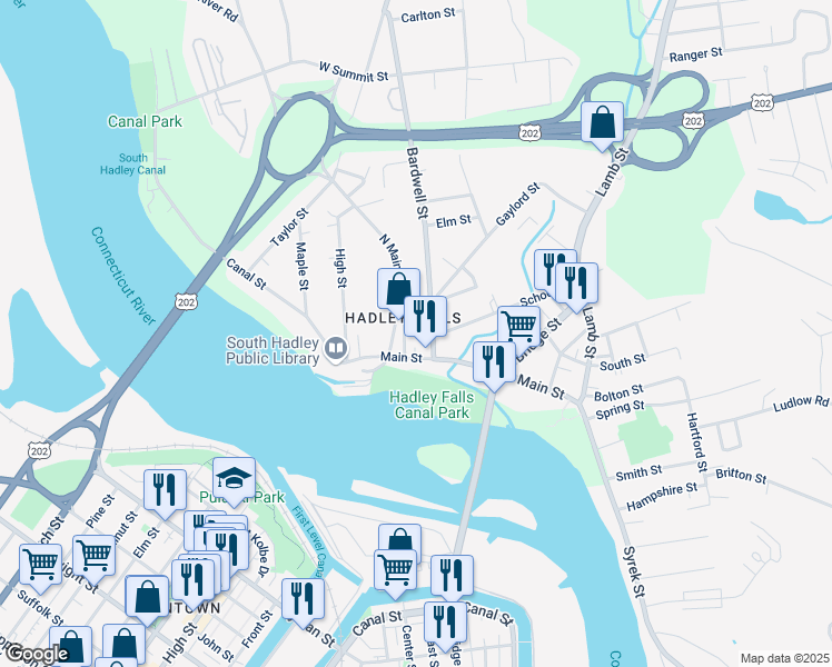 map of restaurants, bars, coffee shops, grocery stores, and more near 11 North Main Street in South Hadley