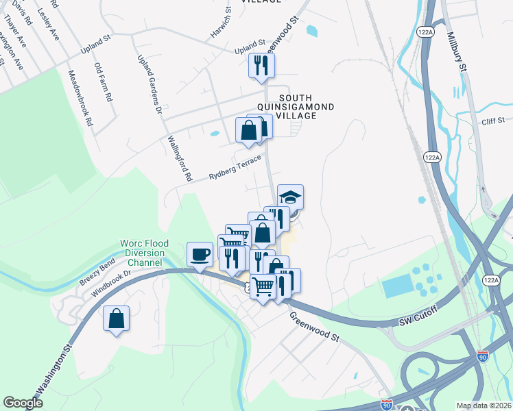 map of restaurants, bars, coffee shops, grocery stores, and more near 40 Melbourne Road in Worcester