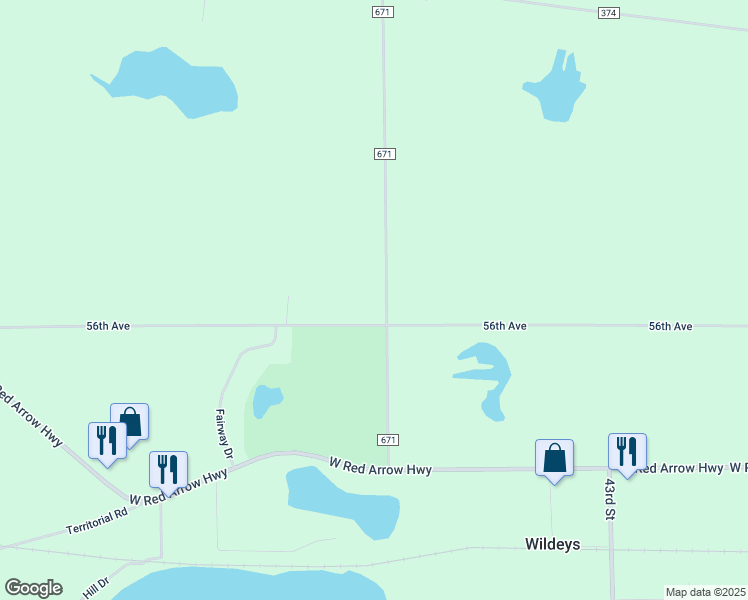 map of restaurants, bars, coffee shops, grocery stores, and more near 55764 County Road 671 in Paw Paw
