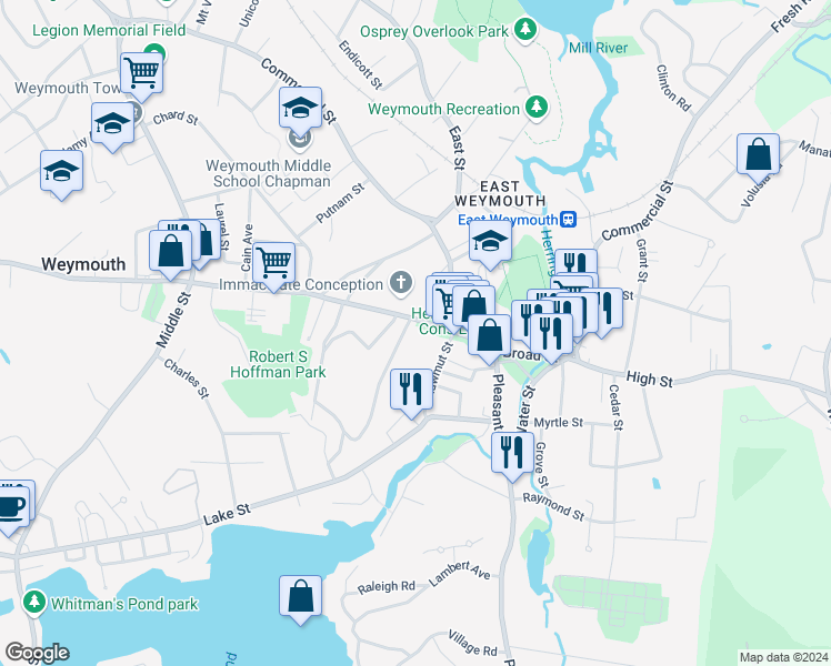 map of restaurants, bars, coffee shops, grocery stores, and more near 747 Broad Street in Weymouth