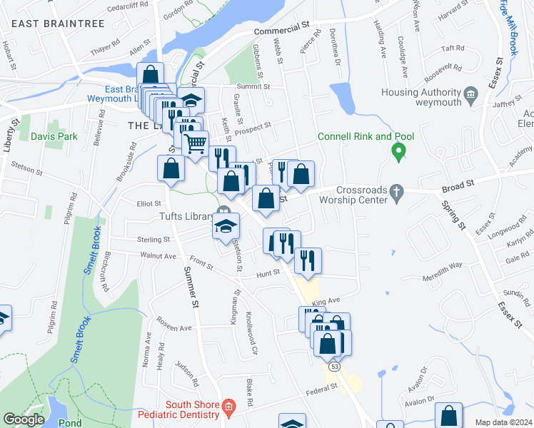 map of restaurants, bars, coffee shops, grocery stores, and more near 109 Broad Street in Weymouth