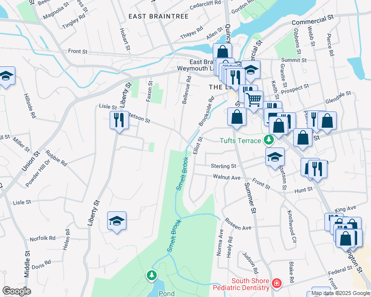 map of restaurants, bars, coffee shops, grocery stores, and more near 139 Stetson Street in Braintree