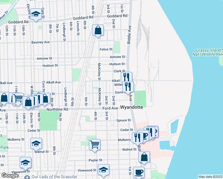 map of restaurants, bars, coffee shops, grocery stores, and more near 198 Davis Street in Wyandotte