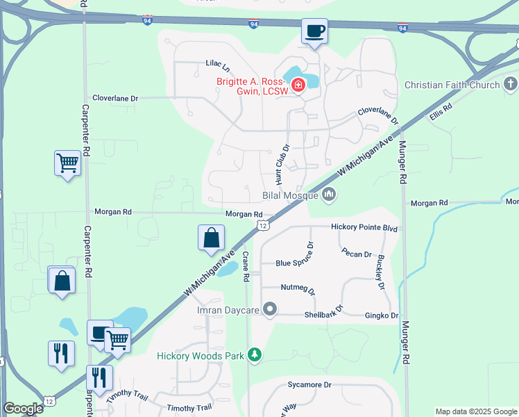 map of restaurants, bars, coffee shops, grocery stores, and more near 4564 Christina Drive in Ypsilanti