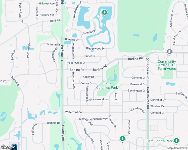 map of restaurants, bars, coffee shops, grocery stores, and more near 1030 Abbey Drive in Crystal Lake