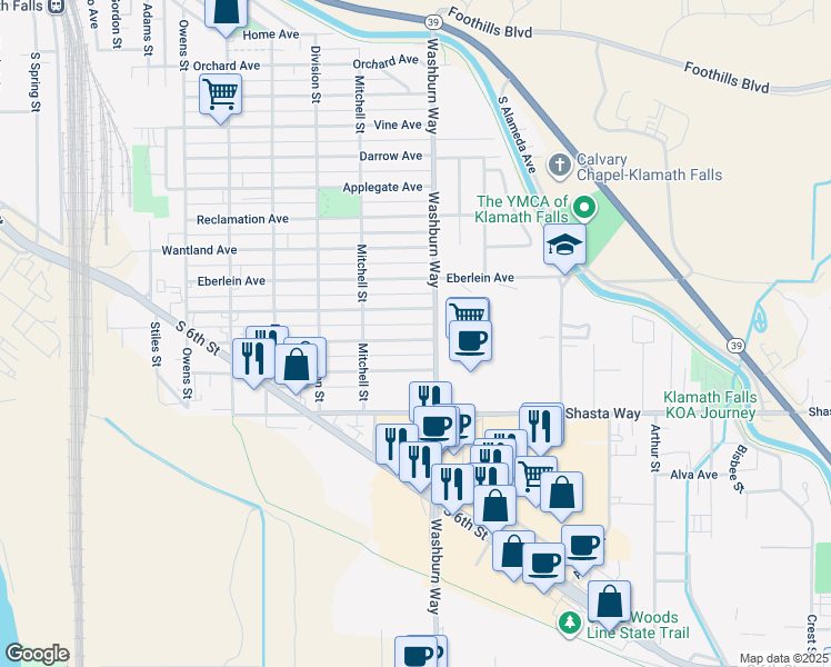 map of restaurants, bars, coffee shops, grocery stores, and more near 2529 Radcliffe Avenue in Klamath Falls
