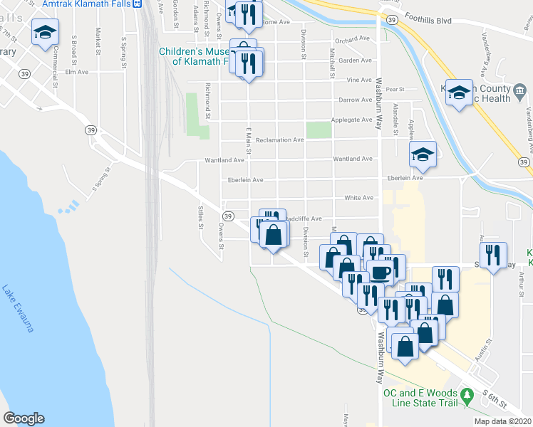 map of restaurants, bars, coffee shops, grocery stores, and more near 2141 Radcliffe Avenue in Klamath Falls